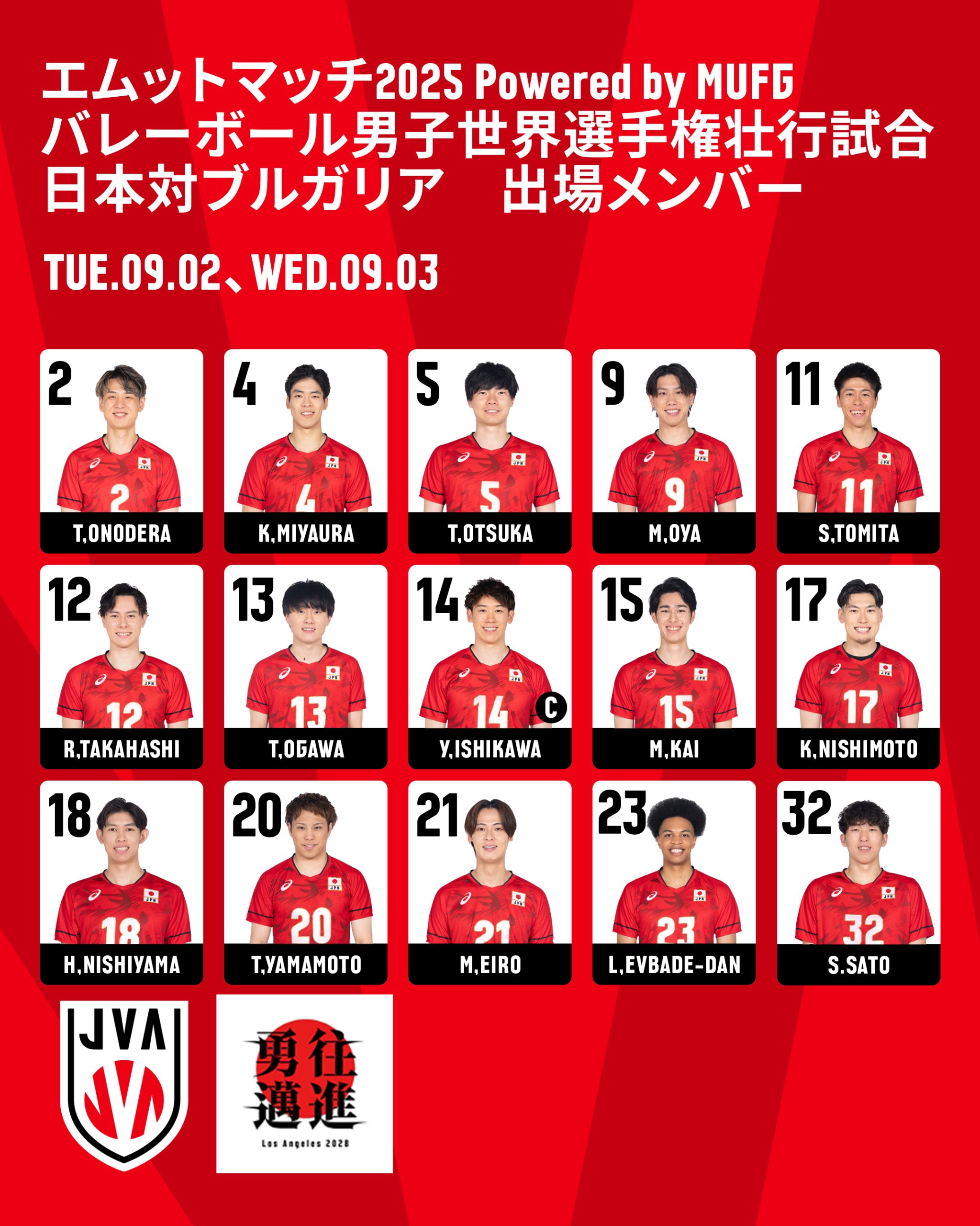 エムットマッチ2025 Powered by MUFGバレーボール男子世界選手権壮行試合 日本対ブルガリア 出場選手15人決定