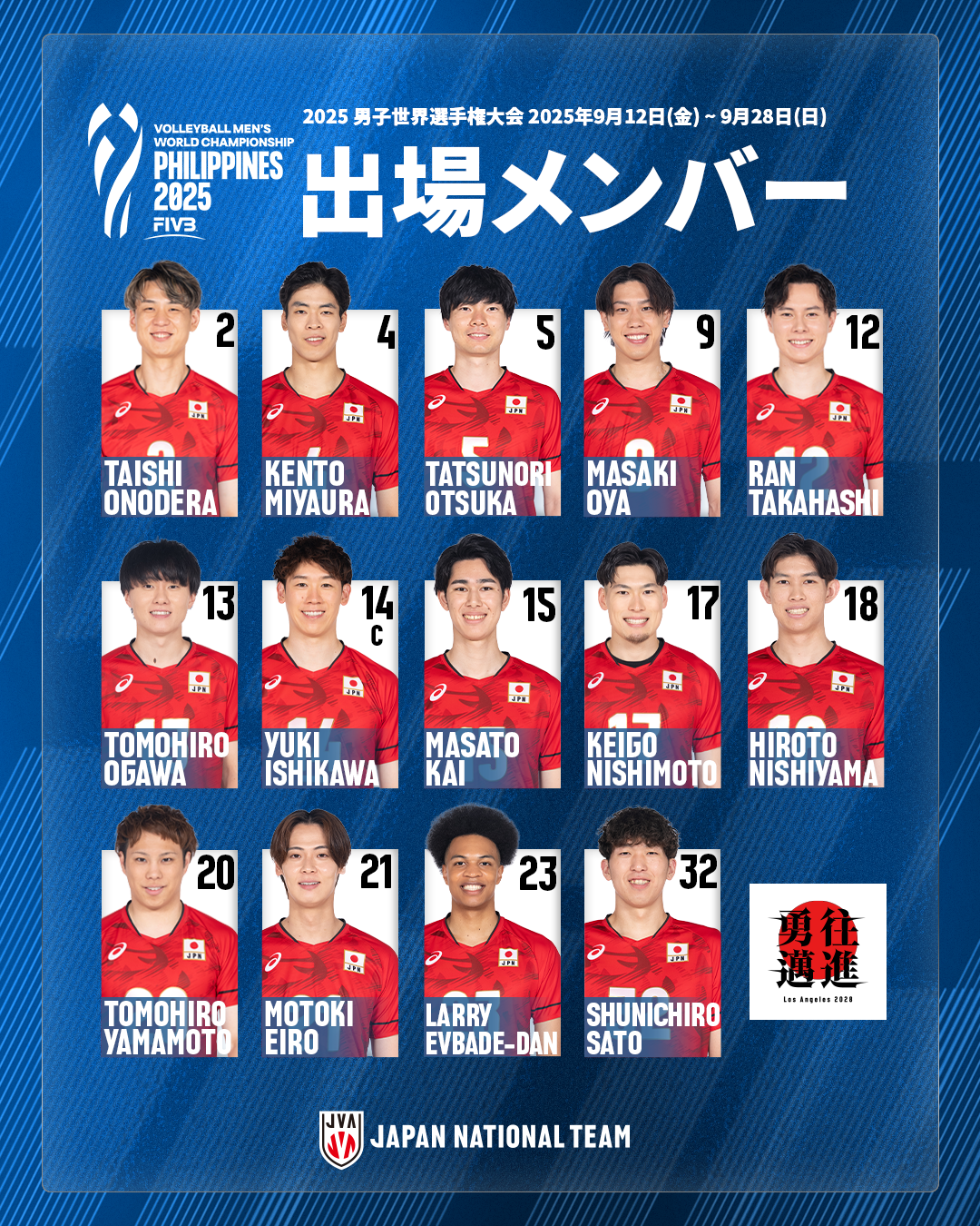 バレーボール男子日本代表チーム 2025男子世界選手権大会　出場選手14人決定
