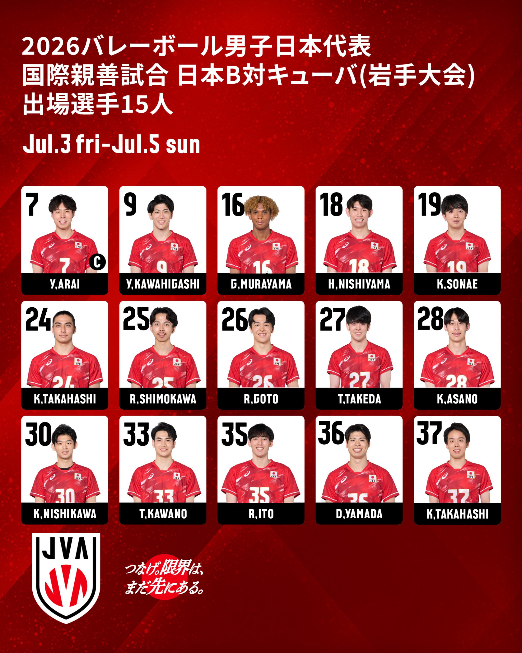 2026バレーボール男子日本代表国際親善試合日本B対キューバ（岩手大会）　出場選手15人決定