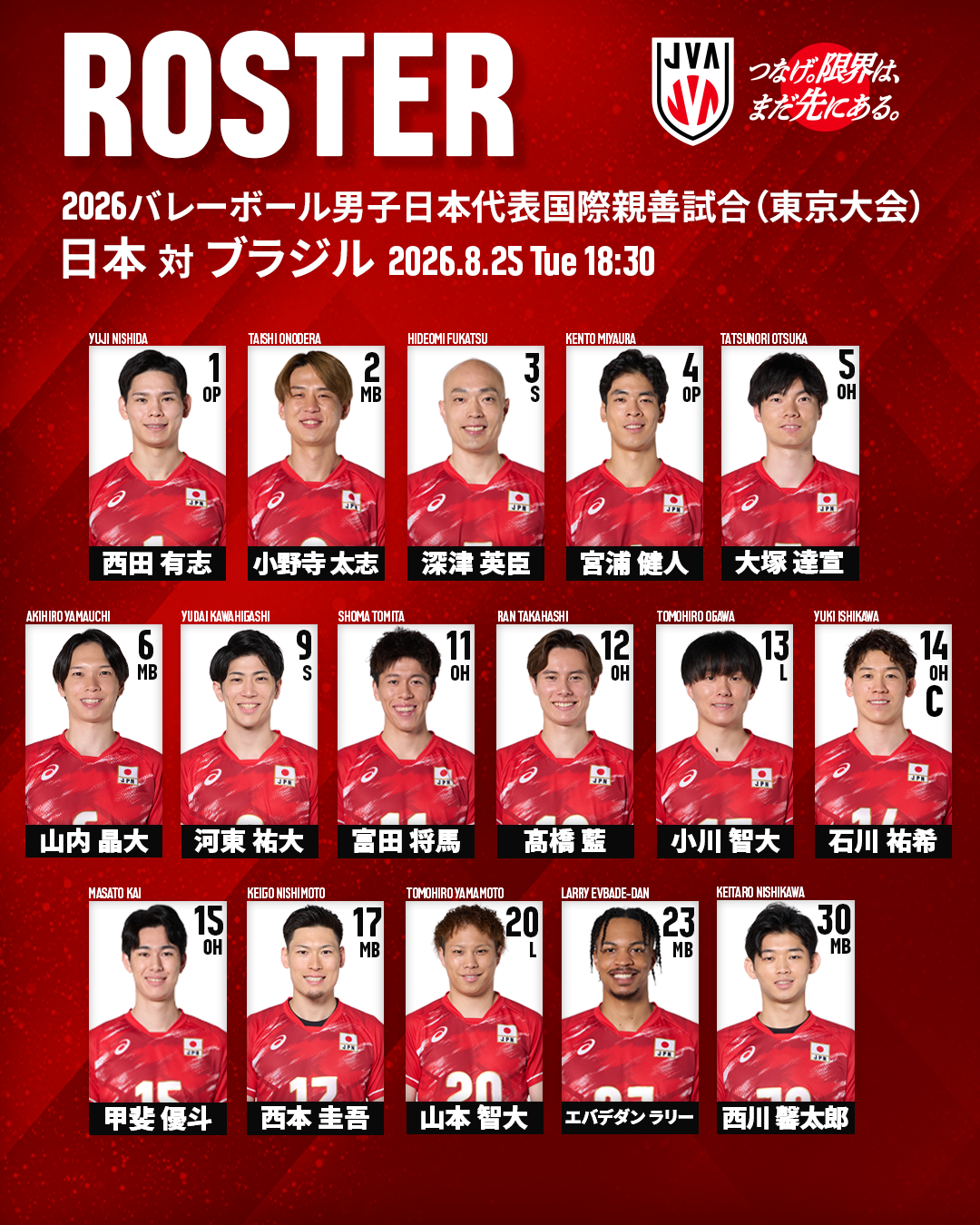 2026バレーボール男子日本代表国際親善試合（東京大会） 出場選手16人決定
